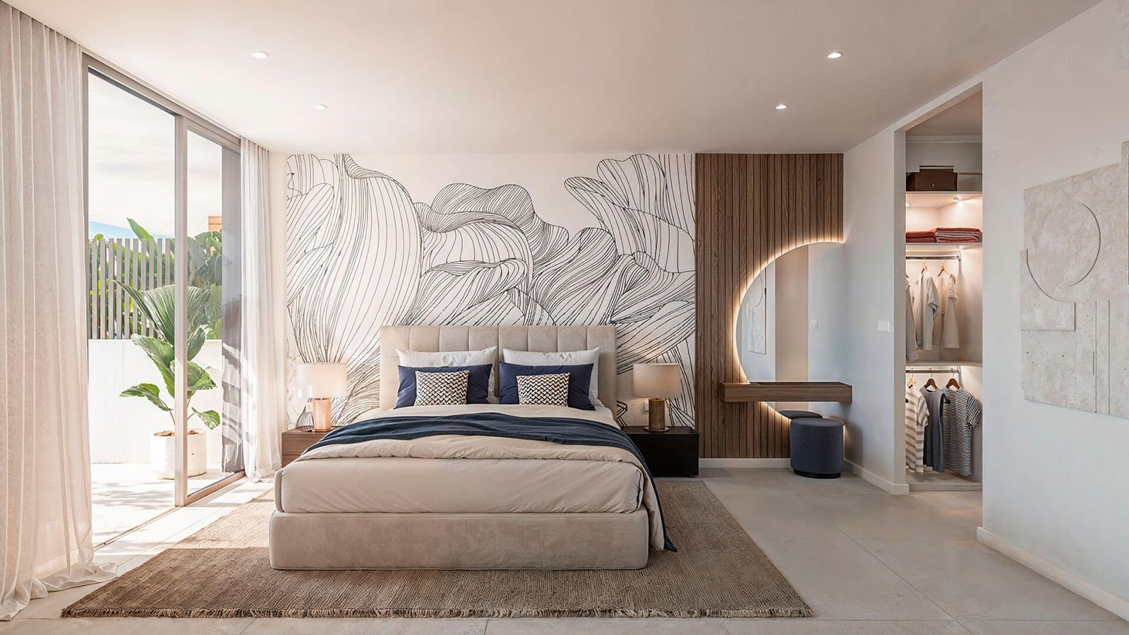 Stijlvolle slaapkamer met inloopkast en design behang.