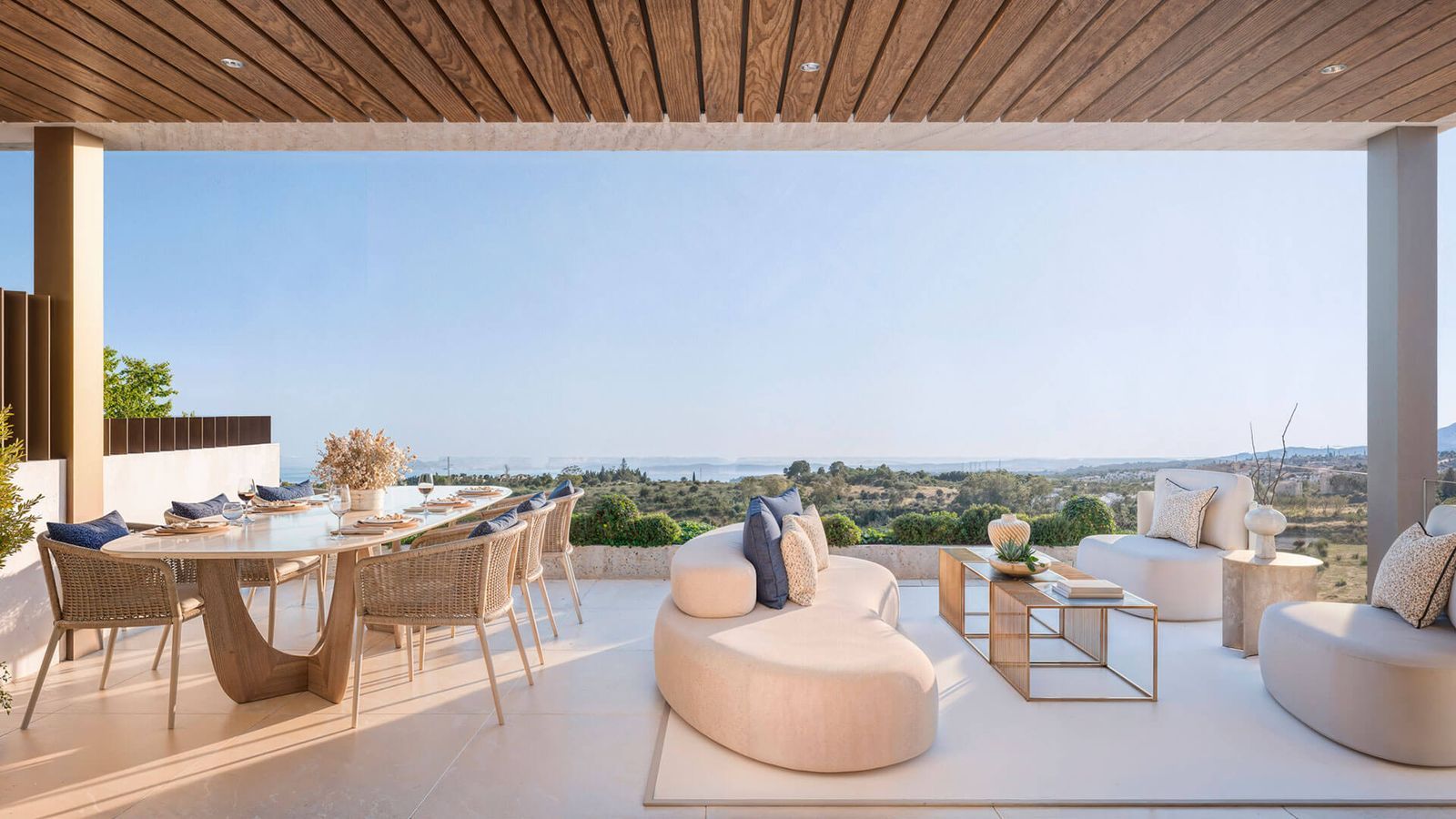 Terrasse de luxe avec vue sur l'océan et mobilier élégant.