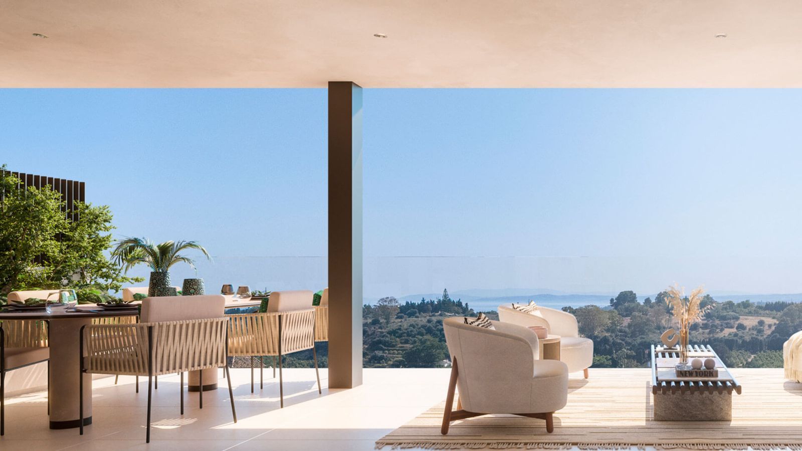 Terrasse de luxe avec coin repas et vue imprenable.