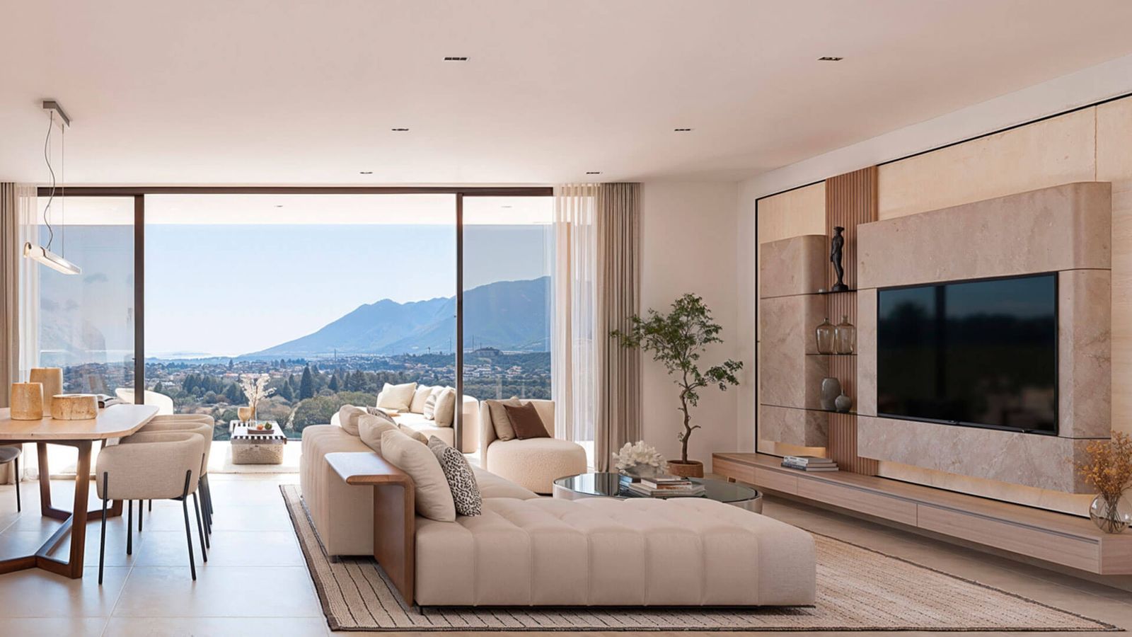 Salon d'appartement de luxe avec vue imprenable sur la montagne